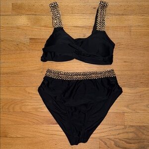 Black and Gold 2 piece Bikini Rhinestone Embellishments high waisted bottoms